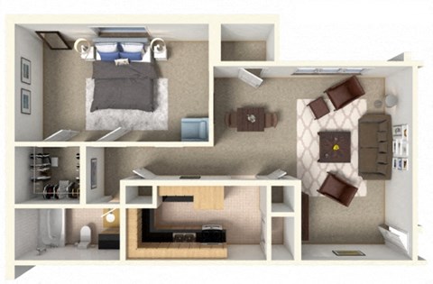 Floor plan for 1 bed, 1 bath, 750 sqft